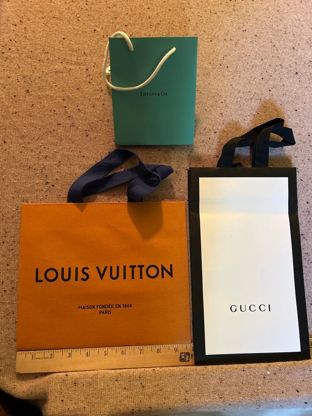 Lot of Three Small Luxury Shopping Bags LV, Gucci and Tiffany